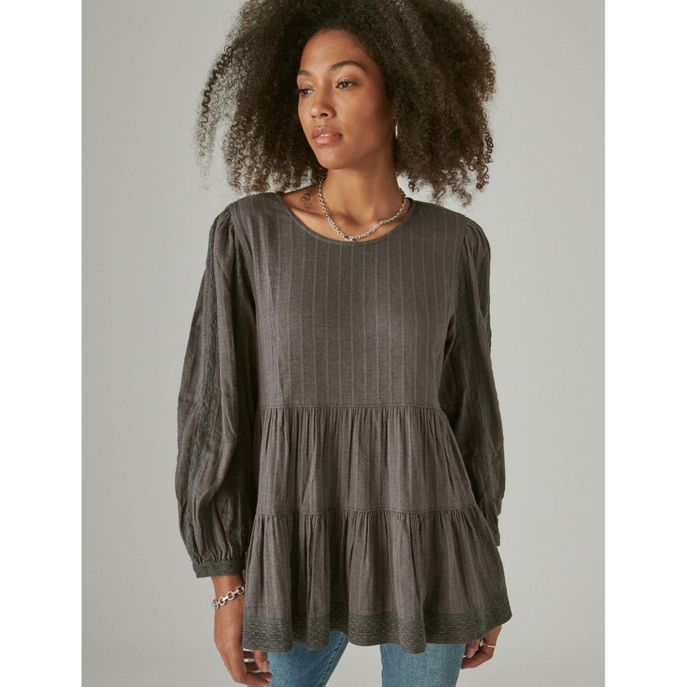Lucky Brand‎ Gray Tiered Babydoll Blouse Top Long Sleeve Bohemian Boho Women M